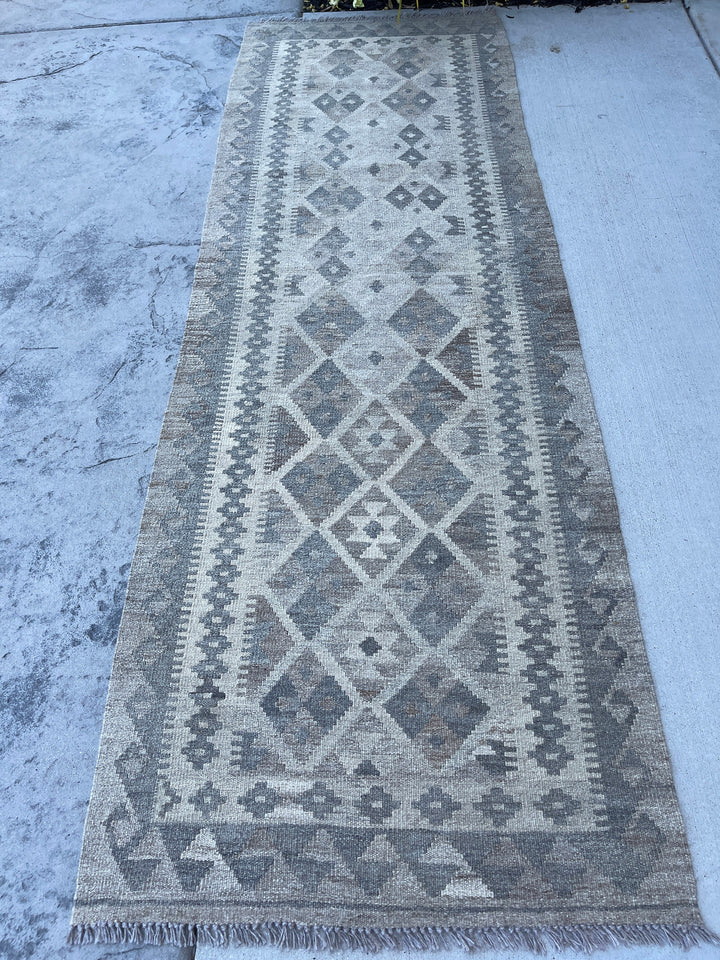 3x8 (90x245) Handmade Afghan Kilim Runner Rug | Light Grey Gray Beige Light Brown | Flatweave Flat Weave Tribal Turkish Moroccan Oriental