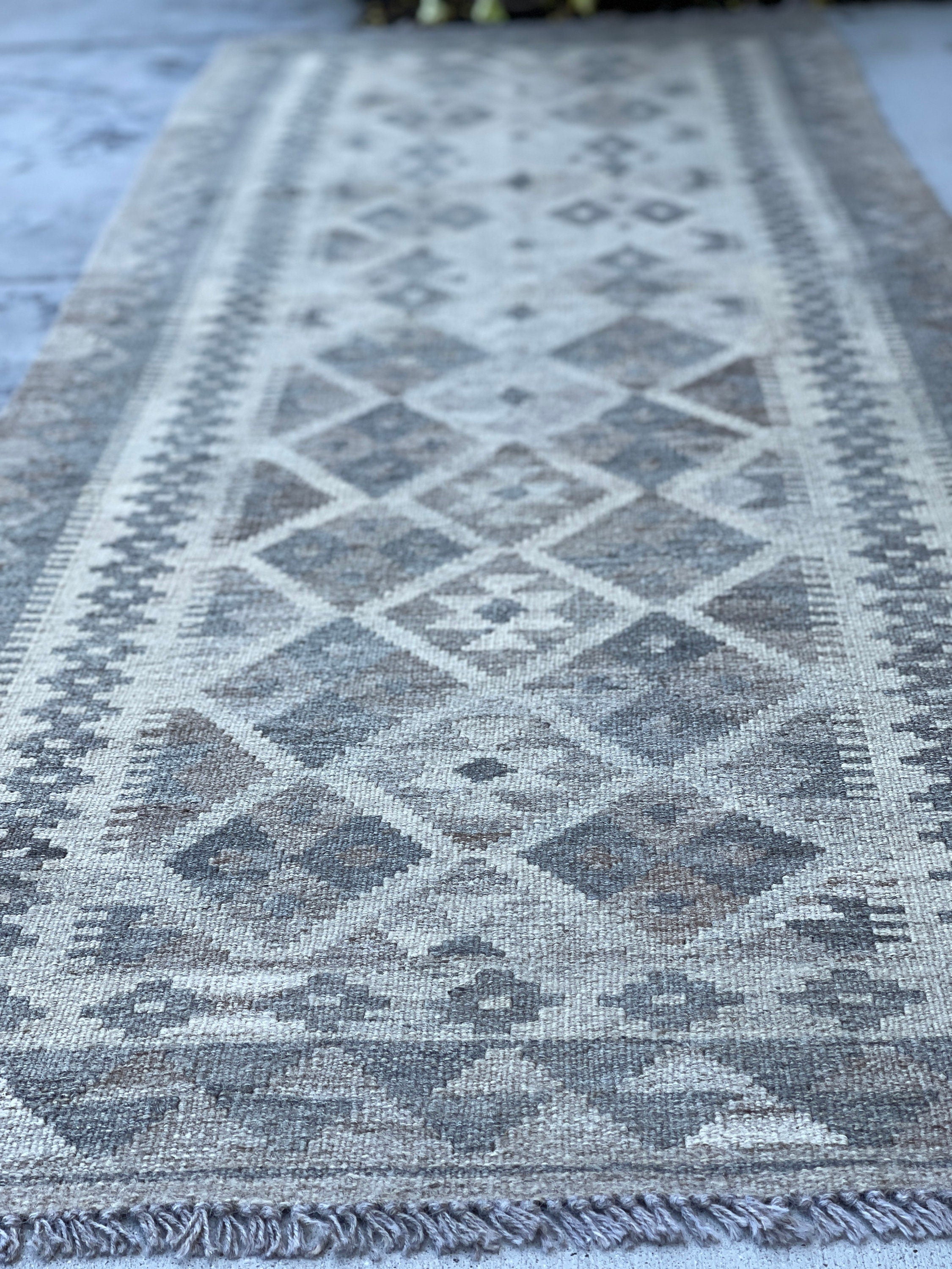 3x8 (90x245) Handmade Afghan Kilim Runner Rug | Light Grey Gray Beige Light Brown | Flatweave Flat Weave Tribal Turkish Moroccan Oriental