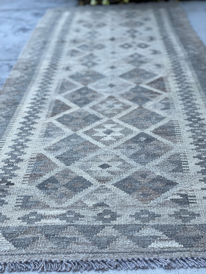 3x8 (90x245) Handmade Afghan Kilim Runner Rug | Light Grey Gray Beige Light Brown | Flatweave Flat Weave Tribal Turkish Moroccan Oriental