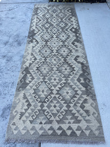 3x8 (90x245) Handmade Afghan Kilim Runner Rug | Light Grey Gray Beige | Flatweave Flat Weave Tribal Turkish Moroccan Oriental Wool