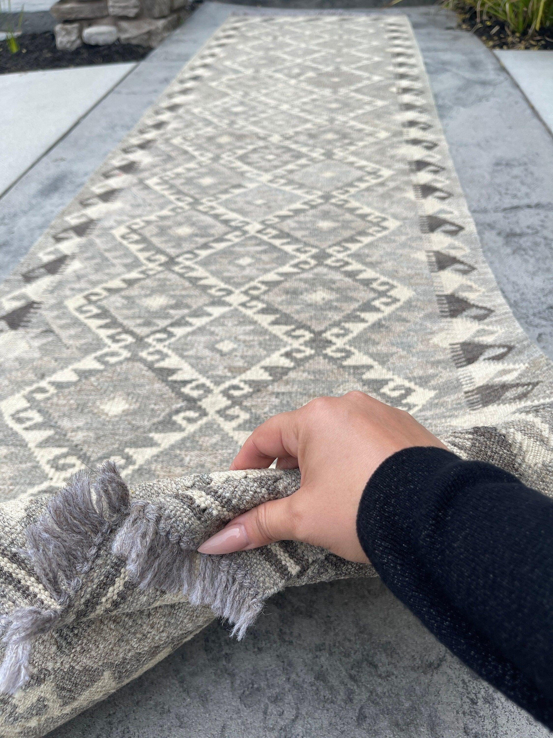 3x10 (90x305) Handmade Afghan Kilim Runner Rug | Light Grey Gray Ivory Cream | Flatweave Flat Weave Tribal Turkish Moroccan Oriental Wool