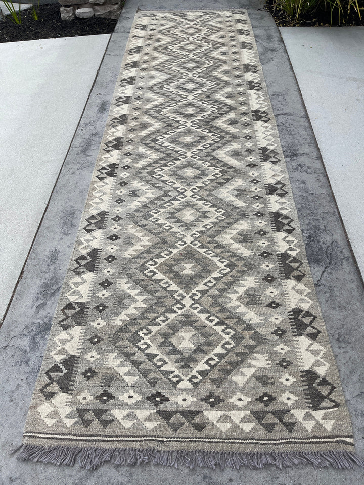 3x11 (90x335) Handmade Afghan Kilim Runner Rug | Light Grey Gray Ivory Cream | Flatweave Flat Weave Tribal Turkish Moroccan Oriental Wool
