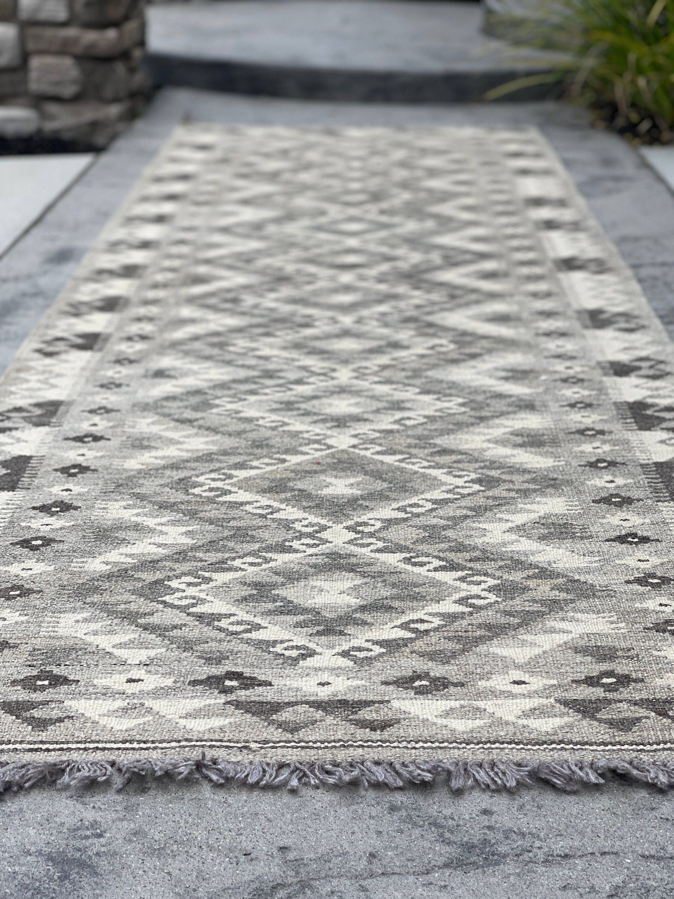 3x11 (90x335) Handmade Afghan Kilim Runner Rug | Light Grey Gray Ivory Cream | Flatweave Flat Weave Tribal Turkish Moroccan Oriental Wool