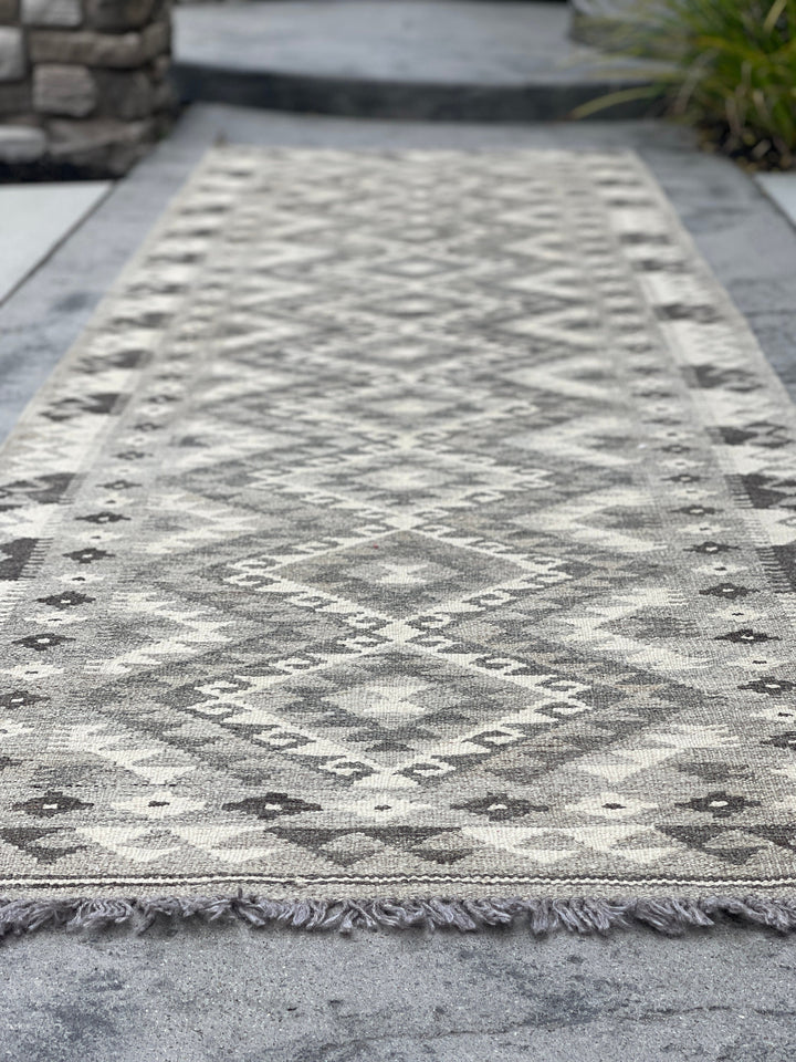 3x11 (90x335) Handmade Afghan Kilim Runner Rug | Light Grey Gray Ivory Cream | Flatweave Flat Weave Tribal Turkish Moroccan Oriental Wool