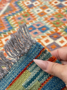 3x13 (90x395) Handmade Afghan Kilim Rug Runner | Orange Salmon Pink Blue Green White Purple | Flatweave Tribal Oriental Boho Wool Turkish