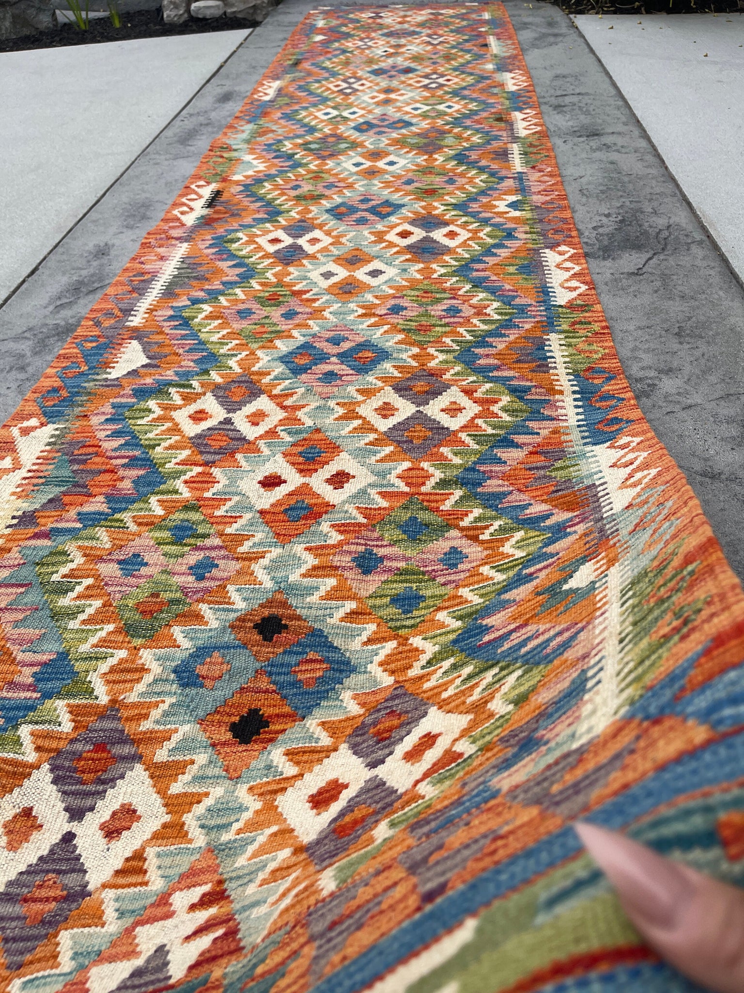 3x13 (90x395) Handmade Afghan Kilim Rug Runner | Orange Salmon Pink Blue Green White Purple | Flatweave Tribal Oriental Boho Wool Turkish