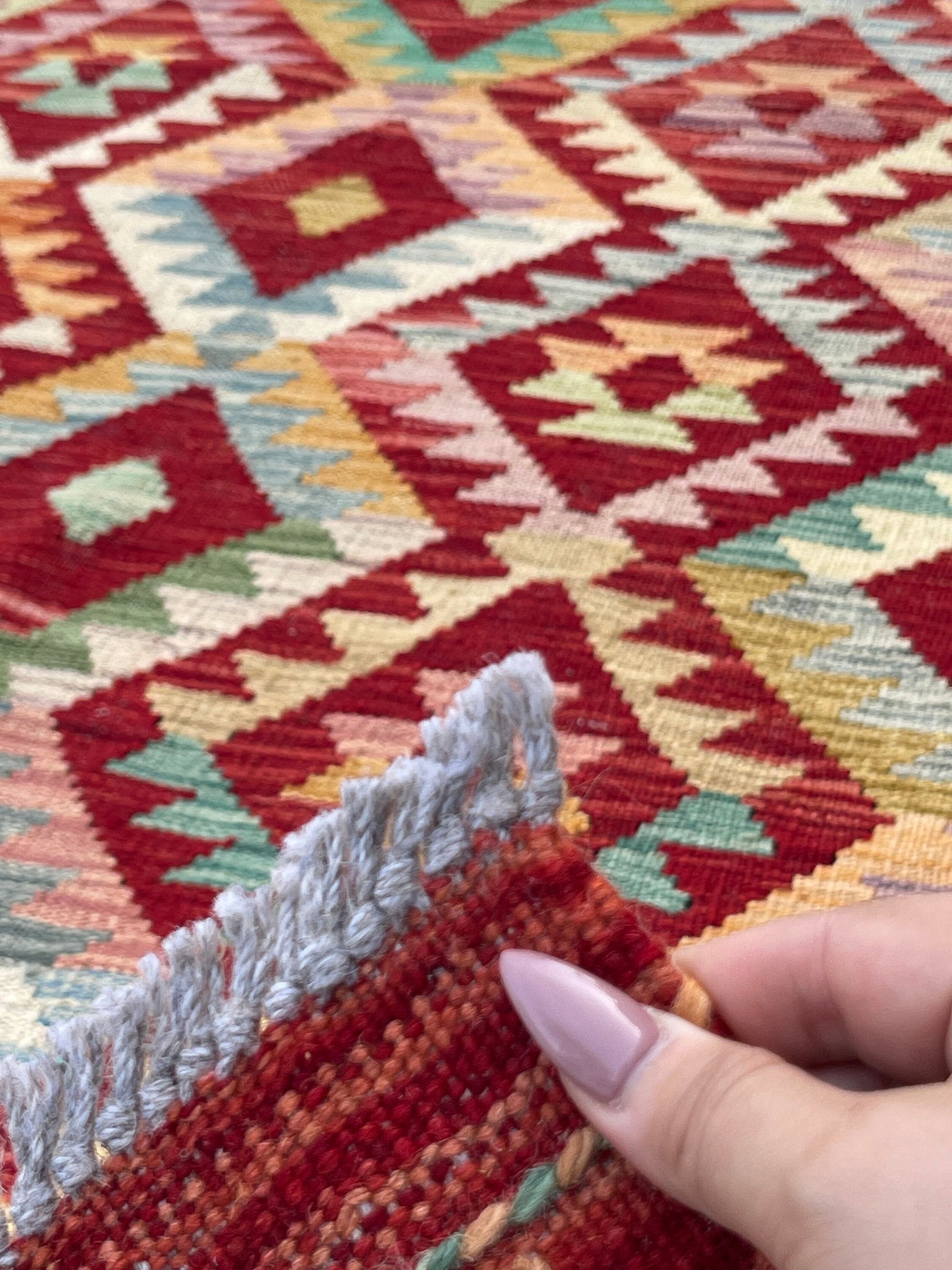 7x10 (215x305) Handmade Afghan Kilim Flatweave Rug | Red Pink Purple Turquoise Orange Green| Boho Tribal Moroccan Outdoor Wool Knotted Woven