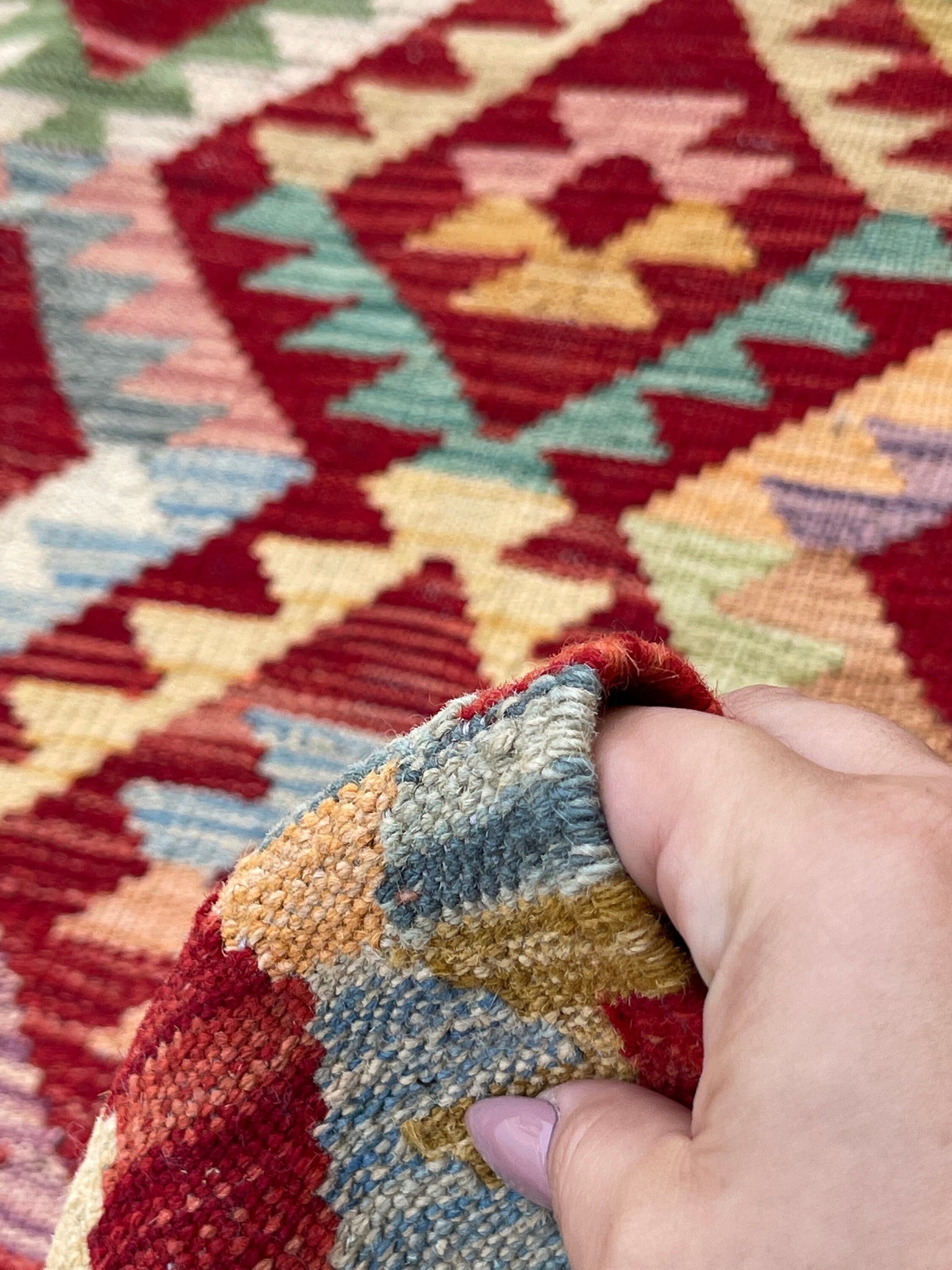 7x10 (215x305) Handmade Afghan Kilim Flatweave Rug | Red Pink Purple Turquoise Orange Green| Boho Tribal Moroccan Outdoor Wool Knotted Woven