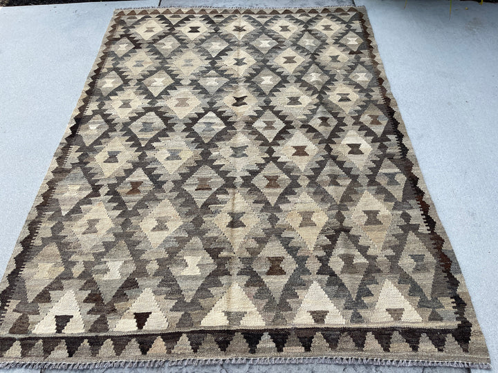 5x7 (150x200) Handmade Kilim Afghan Rug | Beige Grey Gray Dark Brown | Flatweave Tribal Nomadic Turkish Moroccan Outdoor Wool Persian