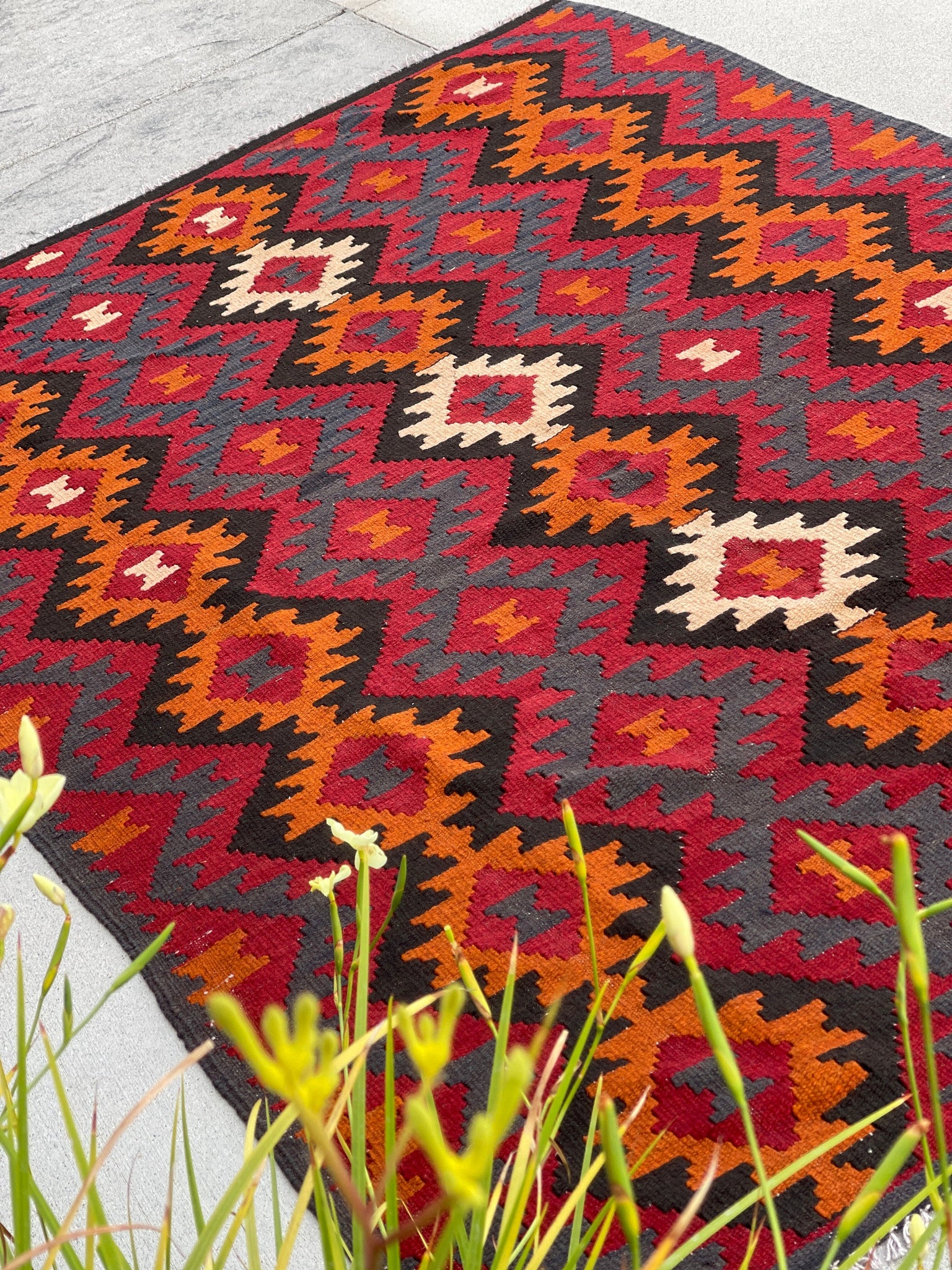 5x9 (150x275) Handmade Afghan Kilim Rug | Ruby Red Indigo Orange Beige | Hand Knotted Tribal Nomadic Turkish Moroccan Kilim Wool Persian