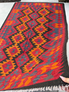 5x8 (150x245) Handmade Afghan Kilim Rug | Ruby Red Indigo Orange Beige Black | Flatweave Tribal Nomadic Turkish Moroccan Kilim Wool Persian
