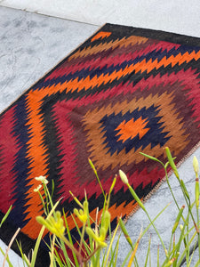 4x5 (150x120) Handmade Kilim Afghan Rug | Black Orange Khaki Chestnut Brown Red Blue | Flatweave Tribal Nomadic Turkish Moroccan Outdoor