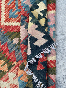 3x5 (90x150) Handmade Kilim Afghan Rug | Black Salmon Pink Pine Green Blue Red Orange | Flatweave Tribal Nomadic Turkish Moroccan Outdoor