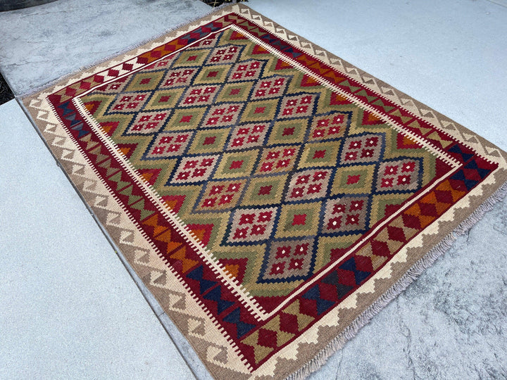 5x6 (150x180) Handmade Afghan Kilim Rug | Tan Beige Red Gold Sage Green | Flatweave Boho Tribal Turkish Moroccan Oriental Wool