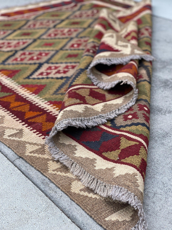 5x6 (150x180) Handmade Afghan Kilim Rug | Tan Beige Red Gold Sage Green | Flatweave Boho Tribal Turkish Moroccan Oriental Wool