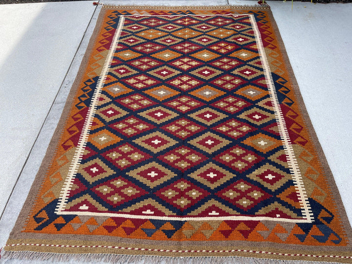 5x7 (150x215) Handmade Afghan Kilim Rug | Tan Khaki Brown Orange Red White Navy Blue | Flatweave Boho Tribal Turkish Moroccan Oriental Wool