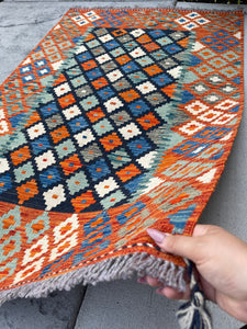 3x5 (90x150) Handmade Kilim Afghan Rug | Orange Turquoise Blue Black Grey Gray | Flatweave Tribal Nomadic Turkish Moroccan Outdoor