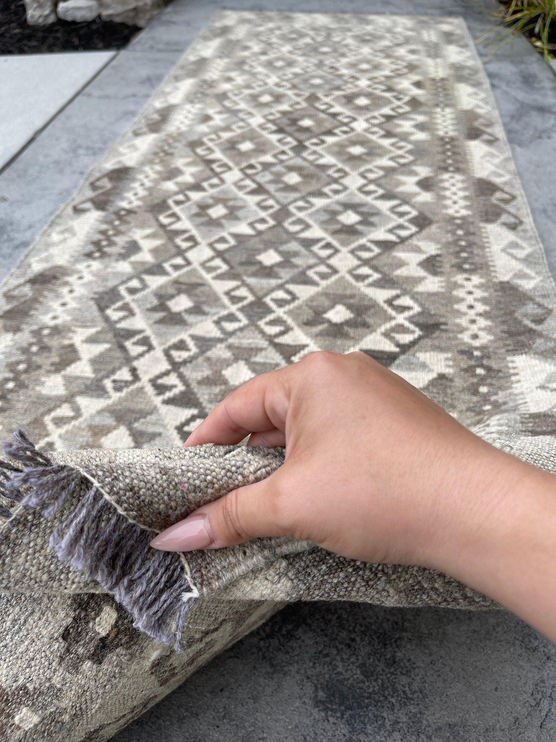 3x8 (90x245) Handmade Afghan Kilim Runner Rug | Light Grey Gray Ivory Cream | Flatweave Flat Weave Tribal Turkish Moroccan Oriental Wool
