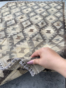 5x7 (150x200) Handmade Kilim Afghan Rug | Beige Grey Gray Dark Brown | Flatweave Tribal Nomadic Turkish Moroccan Outdoor Wool Persian