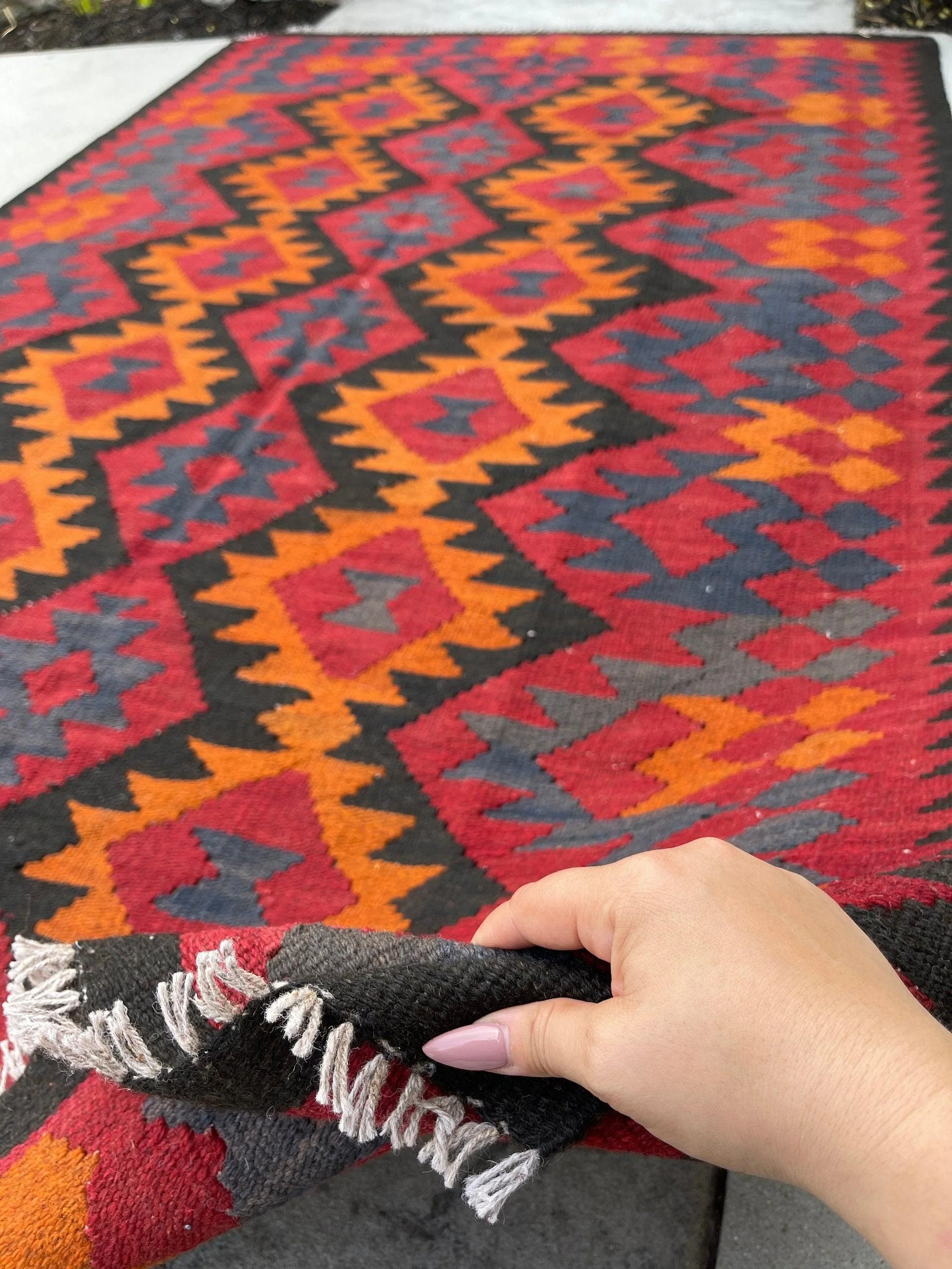 5x8 (150x245) Handmade Afghan Kilim Rug | Ruby Red Indigo Orange Beige Black | Flatweave Tribal Nomadic Turkish Moroccan Kilim Wool Persian
