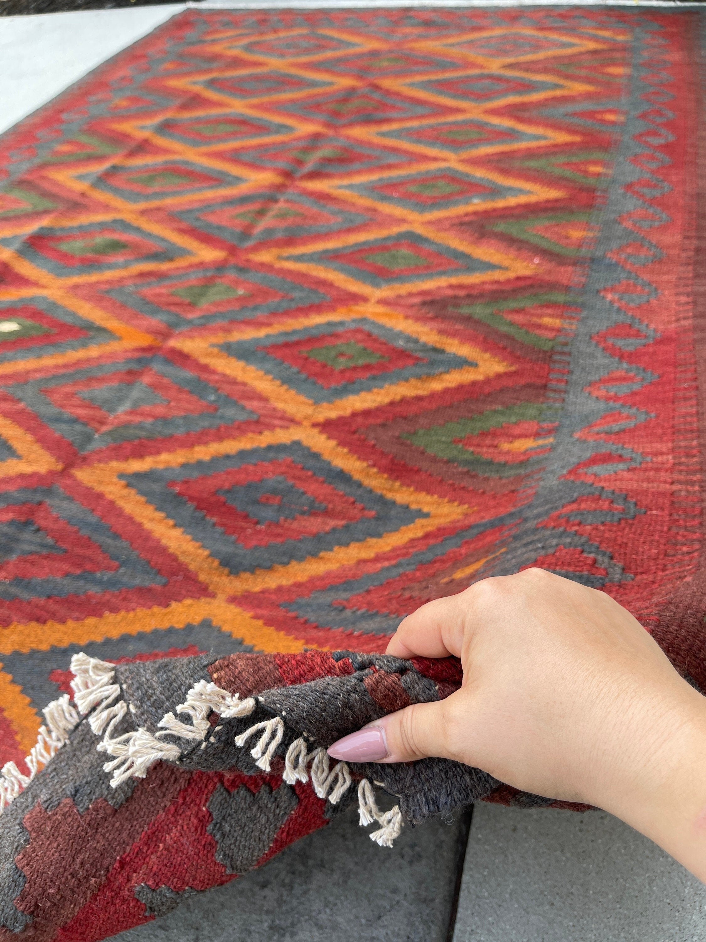 5x8 (150x245) Handmade Afghan Kilim Rug | Red Indigo Orange Pine Green Brown | Hand Knotted Tribal Nomadic Turkish Moroccan Kilim Wool
