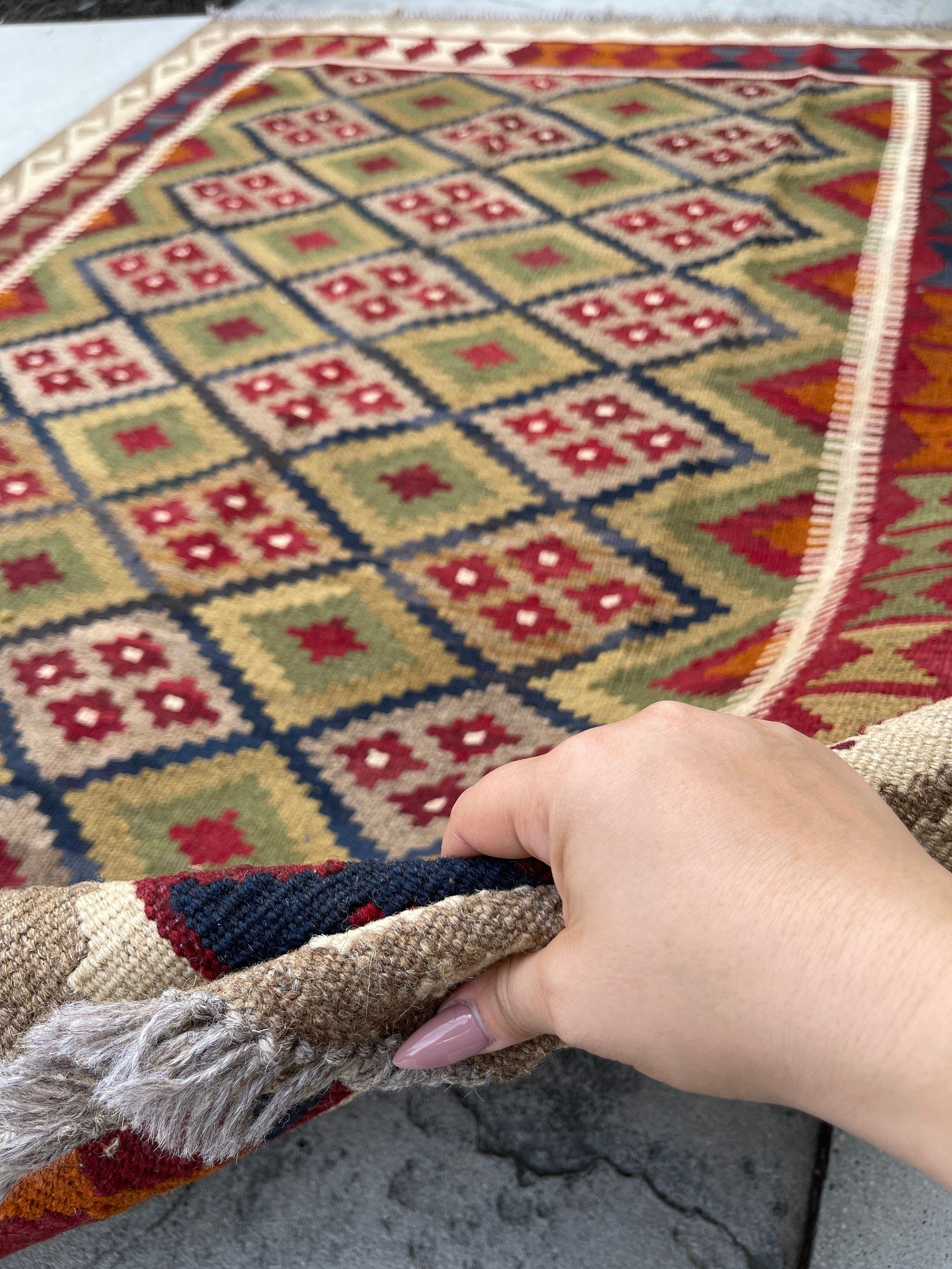 5x6 (150x180) Handmade Afghan Kilim Rug | Tan Beige Red Gold Sage Green | Flatweave Boho Tribal Turkish Moroccan Oriental Wool