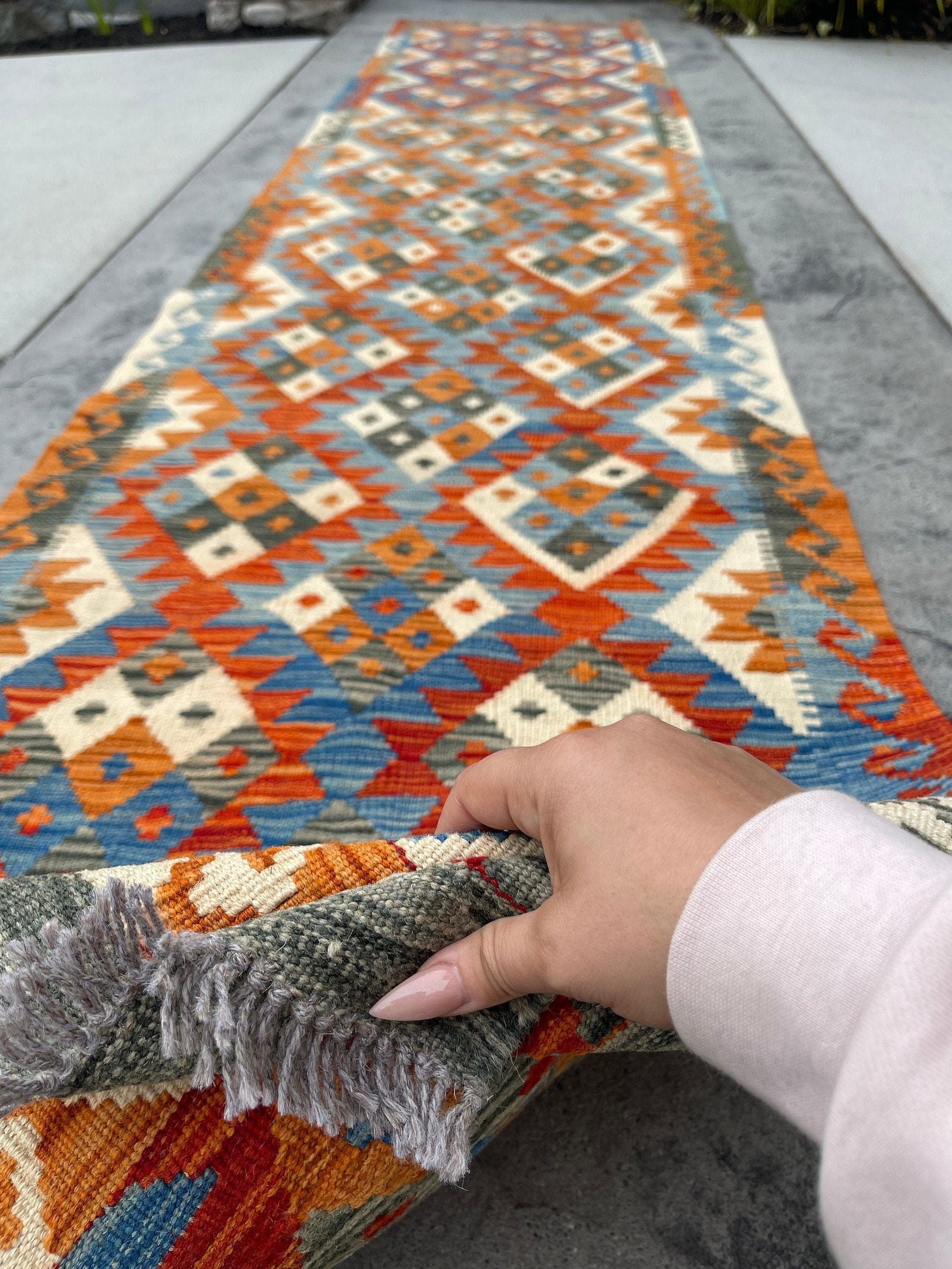 3x13 (90x395) Handmade Afghan Kilim Rug Runner | Ivory Cream Orange Blue Green Purple | Flatweave Flat Weave Tribal Oriental Boho Wool