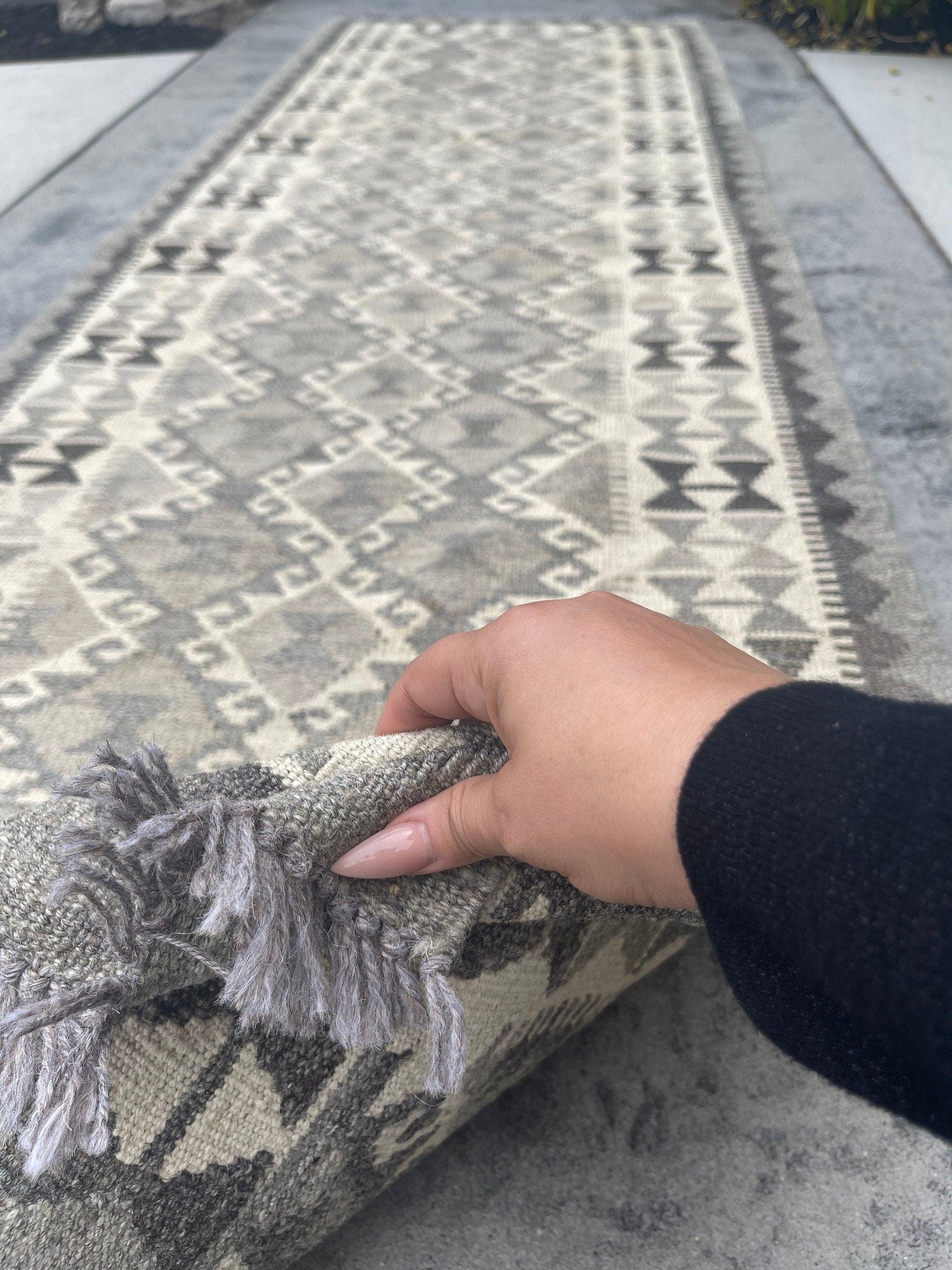 3x9 (90x275) Handmade Afghan Kilim Runner Rug | Light Grey Gray Ivory Cream | Flatweave Flat Weave Tribal Turkish Moroccan Oriental Wool