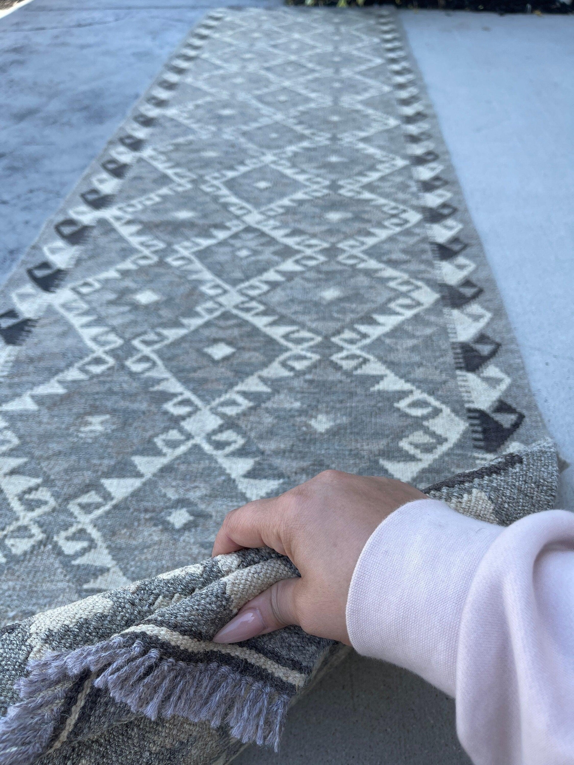 3x10 (90x305) Handmade Afghan Kilim Runner Rug | Light Grey Gray Ivory Cream | Flatweave Flat Weave Tribal Turkish Moroccan Oriental Wool