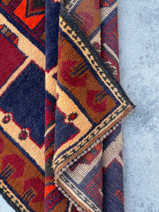 3x5 (90x150) Handmade Vintage Afghan Rug | Peanut Brown Navy Blue Orange Red Tan | Nomadic Baluch Boho Bohemian Tribal Turkish Moroccan Wool