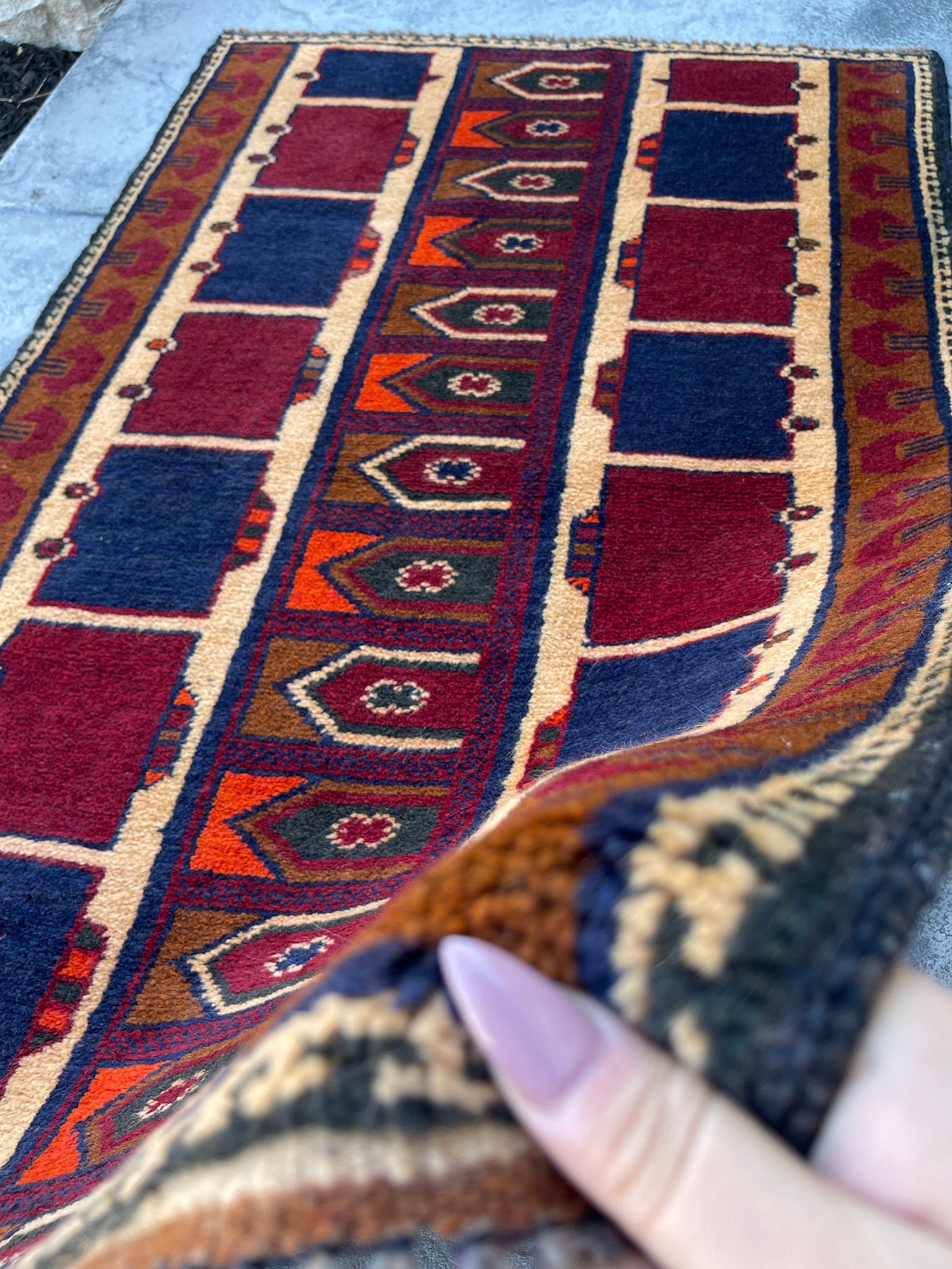 3x5 (90x150) Handmade Vintage Afghan Rug | Peanut Brown Navy Blue Orange Red Tan | Nomadic Baluch Boho Bohemian Tribal Turkish Moroccan Wool