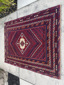 3x4 (90x120) Handmade Vintage Afghan Rug | Nomadic Baluch | Eggplant Purple Brown Gold Red | Tribal Rug | Boho Rug