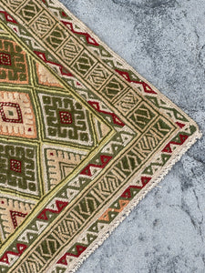 3x4 (90x120) Handmade Afghan Rug | Gold Cornsilk Moss Green Beige Red | Flatweave Boho Tribal Turkish Moroccan Oriental Wool Hand Knotted