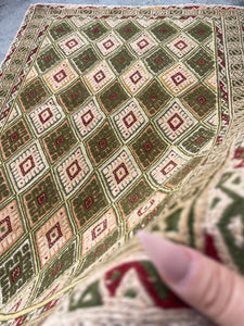 3x4 (90x120) Handmade Afghan Rug | Gold Cornsilk Moss Green Beige Red | Flatweave Boho Tribal Turkish Moroccan Oriental Wool Hand Knotted