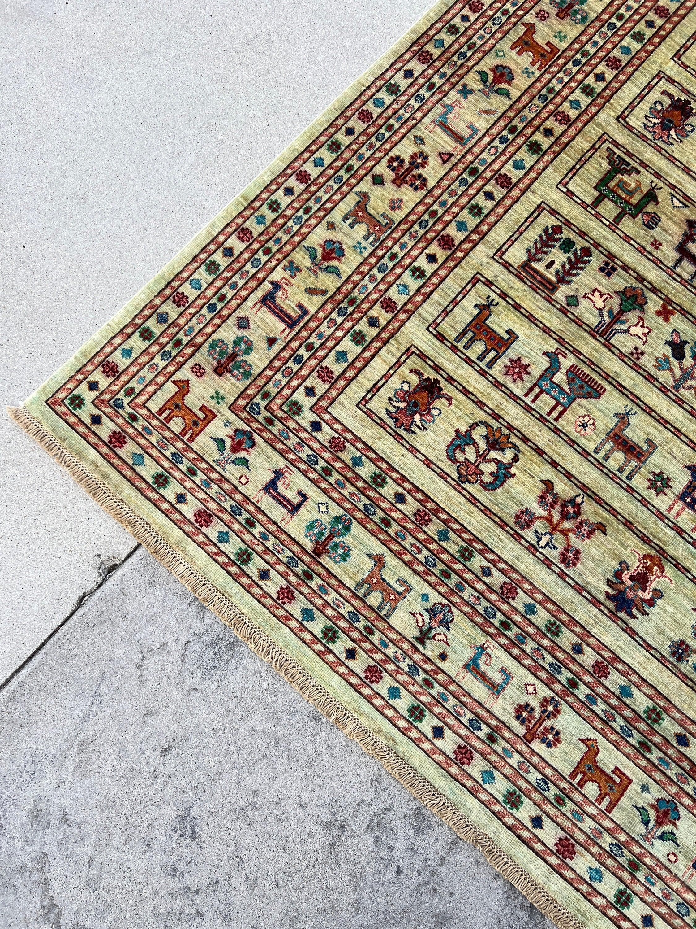 6x8 (180x245) Handmade Afghan Rug | Beige Lime Green Blue Orange Ivory Black Salmon Pink Caramel Maroon | Turkish Oushak Persian Oriental