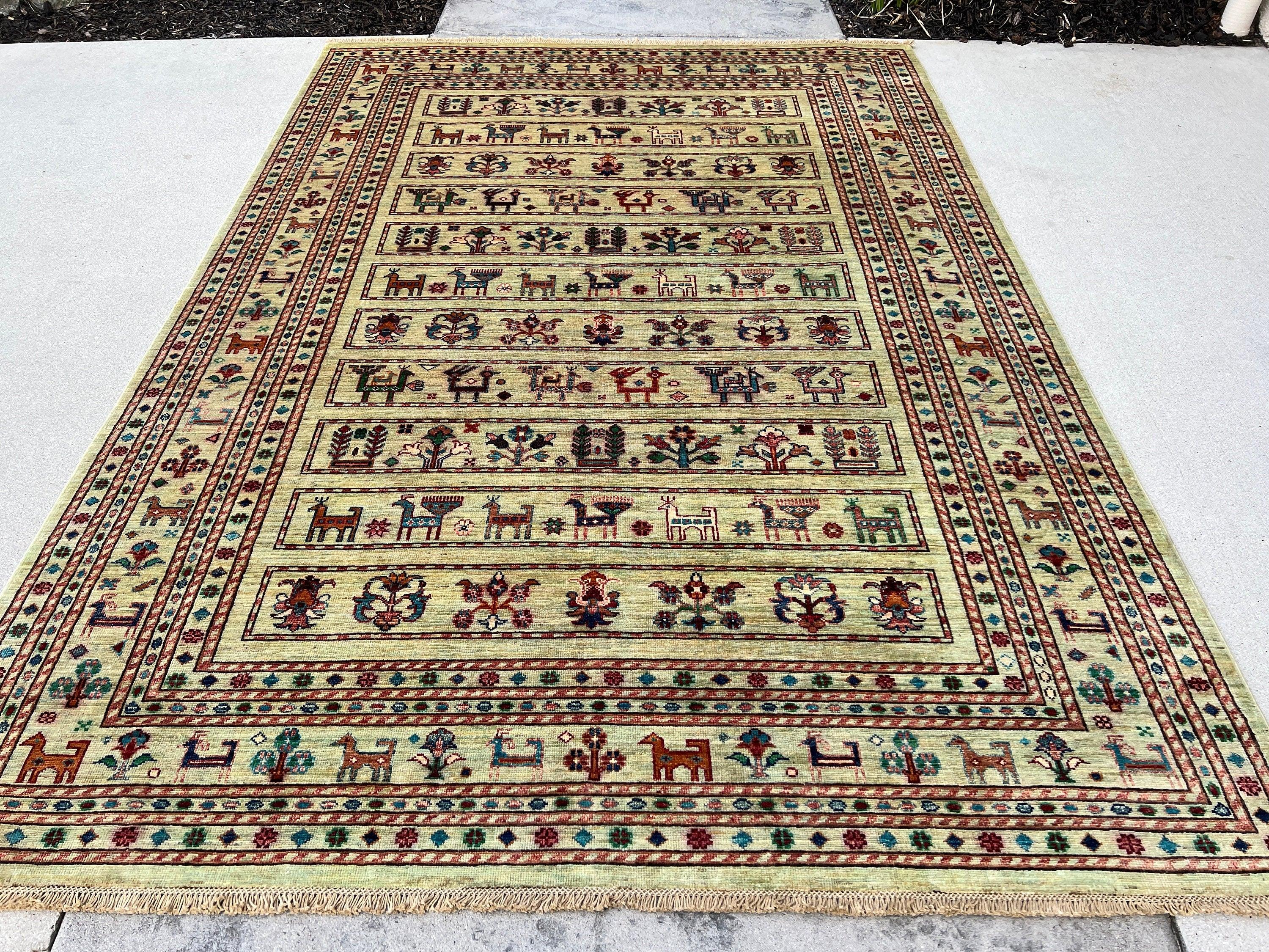 6x8 (180x245) Handmade Afghan Rug | Beige Lime Green Blue Orange Ivory Black Salmon Pink Caramel Maroon | Turkish Oushak Persian Oriental