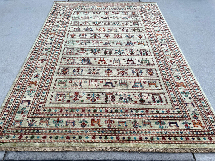 6x8 (180x245) Handmade Afghan Rug | Beige Lime Green Blue Orange Ivory Black Salmon Pink Caramel Maroon | Turkish Oushak Persian Oriental