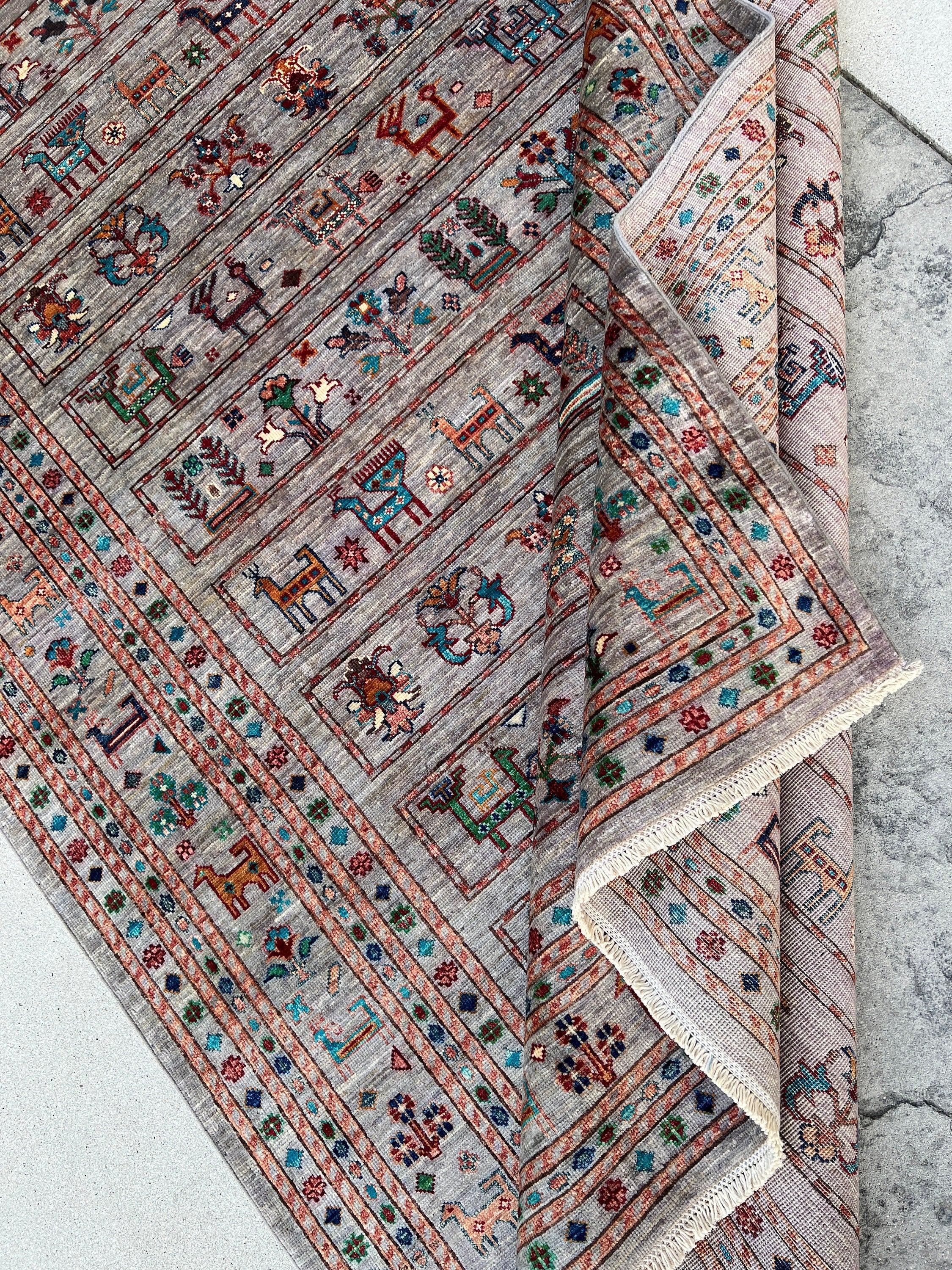 6x8 (180x245) Handmade Afghan Rug | Lavender Grey Gray Turquoise Salmon Pink Green Golden Brown Teal Maroon Orange Ivory | Turkish Oushak