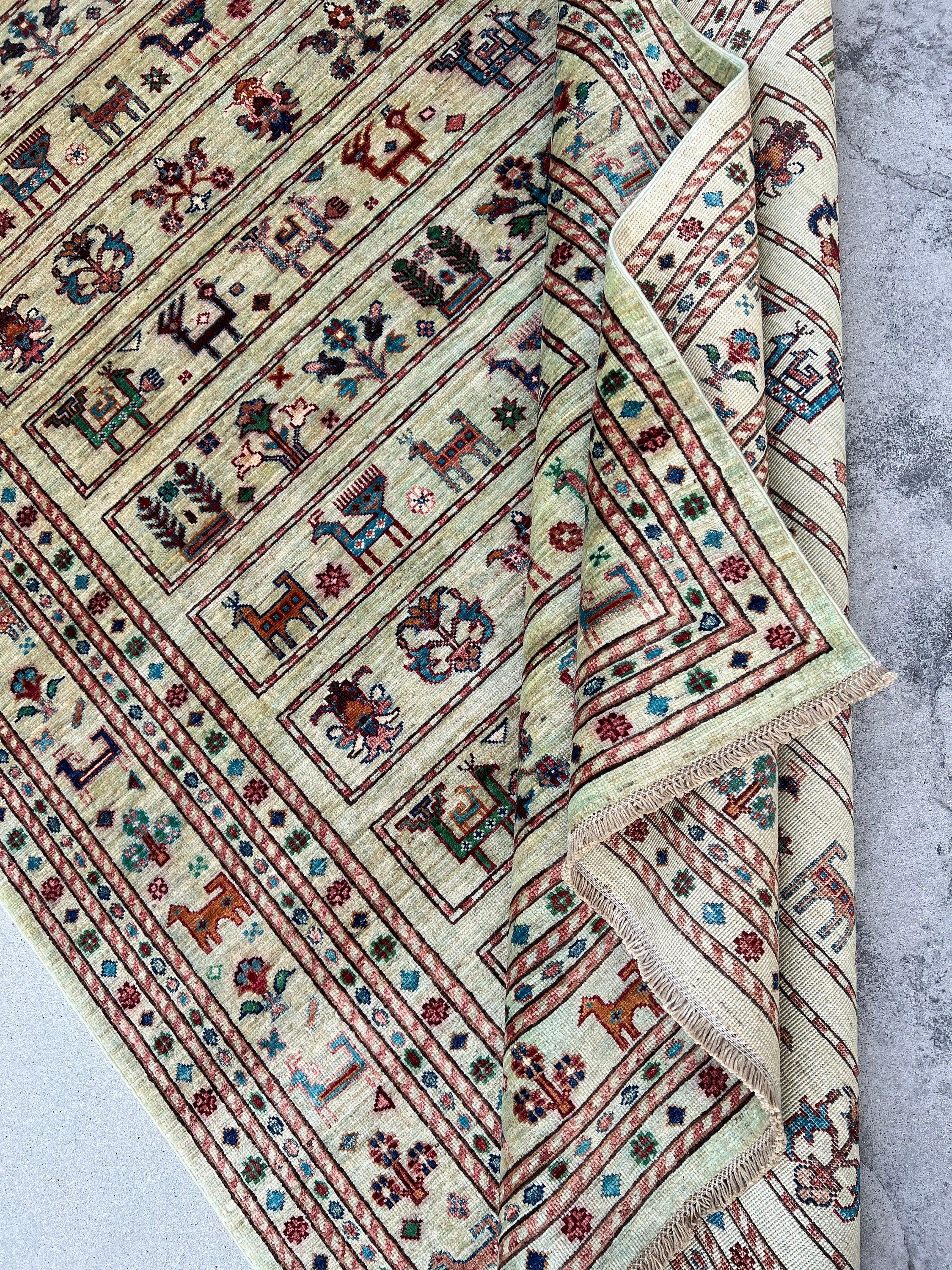 6x8 (180x245) Handmade Afghan Rug | Beige Lime Green Blue Orange Ivory Black Salmon Pink Caramel Maroon | Turkish Oushak Persian Oriental