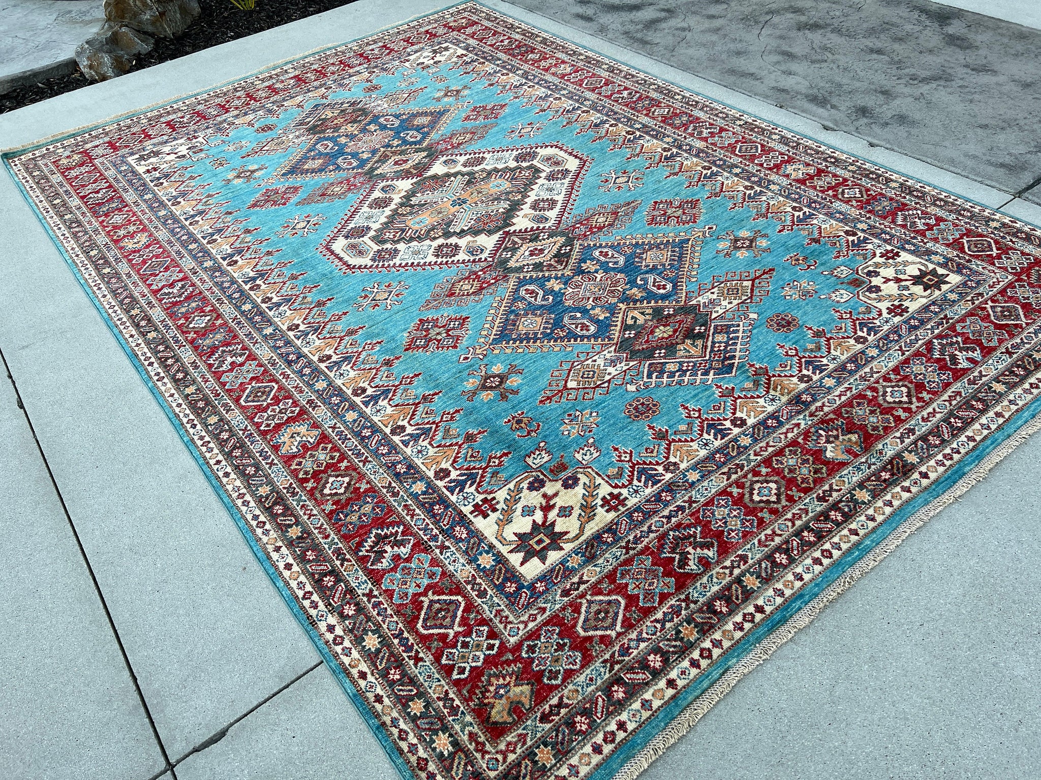 7x10 (215x305) Handmade Afghan Rug | Turquoise Ivory Red Blue Sage Green Caramel | Hand Knotted Turkish Moroccan Oriental Persian Oushak