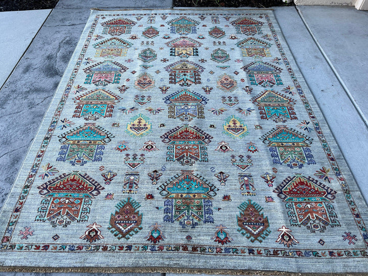 6x8 (180x245) Handmade Afghan Rug | Light Grey Purple Turquoise Blue Brown Orange Green Yellow Peach | Turkish Oushak Persian Heriz Boho