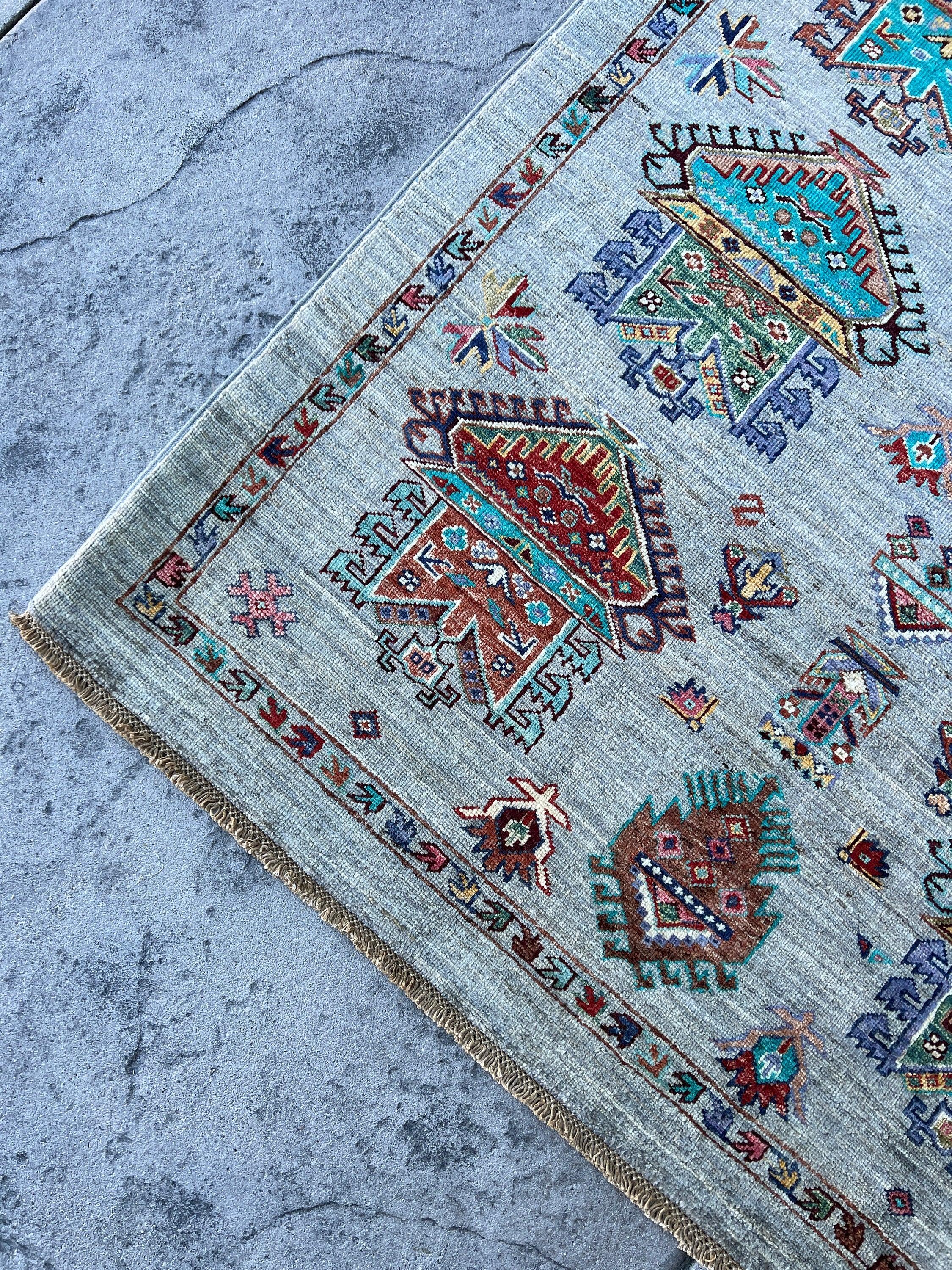 6x8 (180x245) Handmade Afghan Rug | Light Grey Purple Turquoise Blue Brown Orange Green Yellow Peach | Turkish Oushak Persian Heriz Boho