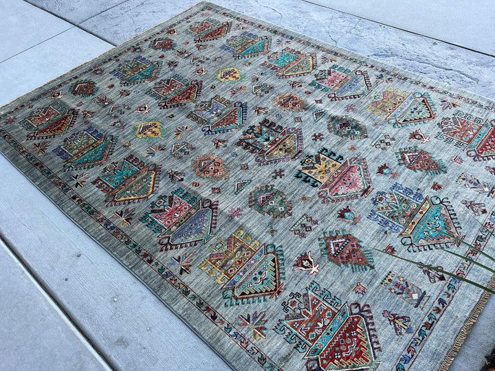 6x8 (180x245) Handmade Afghan Rug | Light Grey Purple Turquoise Blue Brown Orange Green Yellow Peach | Turkish Oushak Persian Heriz Boho