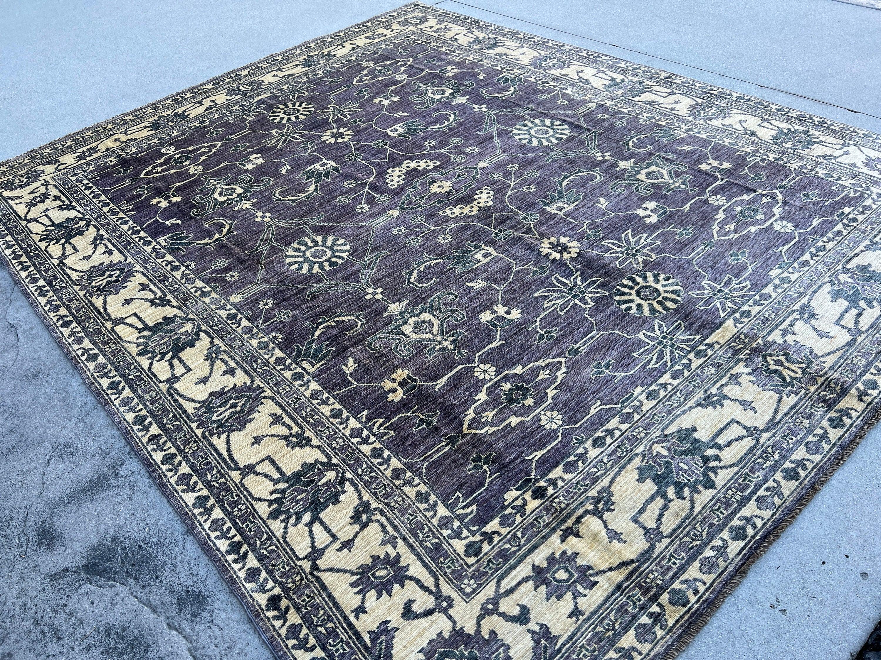 8x10 (245x305) Handmade Afghan Rug | Beige Purple Blue | Turkish Oushak Persian Heriz Serapi Moroccan Tribal