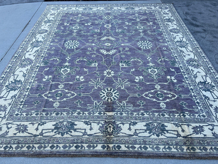 8x10 (245x305) Handmade Afghan Rug | Beige Purple Blue | Turkish Oushak Persian Heriz Serapi Moroccan Tribal