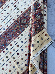 9x12 (275x365) Handmade Afghan Rug | Beige Cream Red White Yellow Orange Blue Green | Turkish Oushak Persian Heriz Wool Boho Knotted Serapi