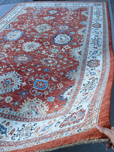 9x13 (275x395) Handmade Afghan Rug | Burnt Orange Beige Cream Blue Teal  Light Brown | Turkish Oushak Persian Heriz Wool Boho Hand Knotted