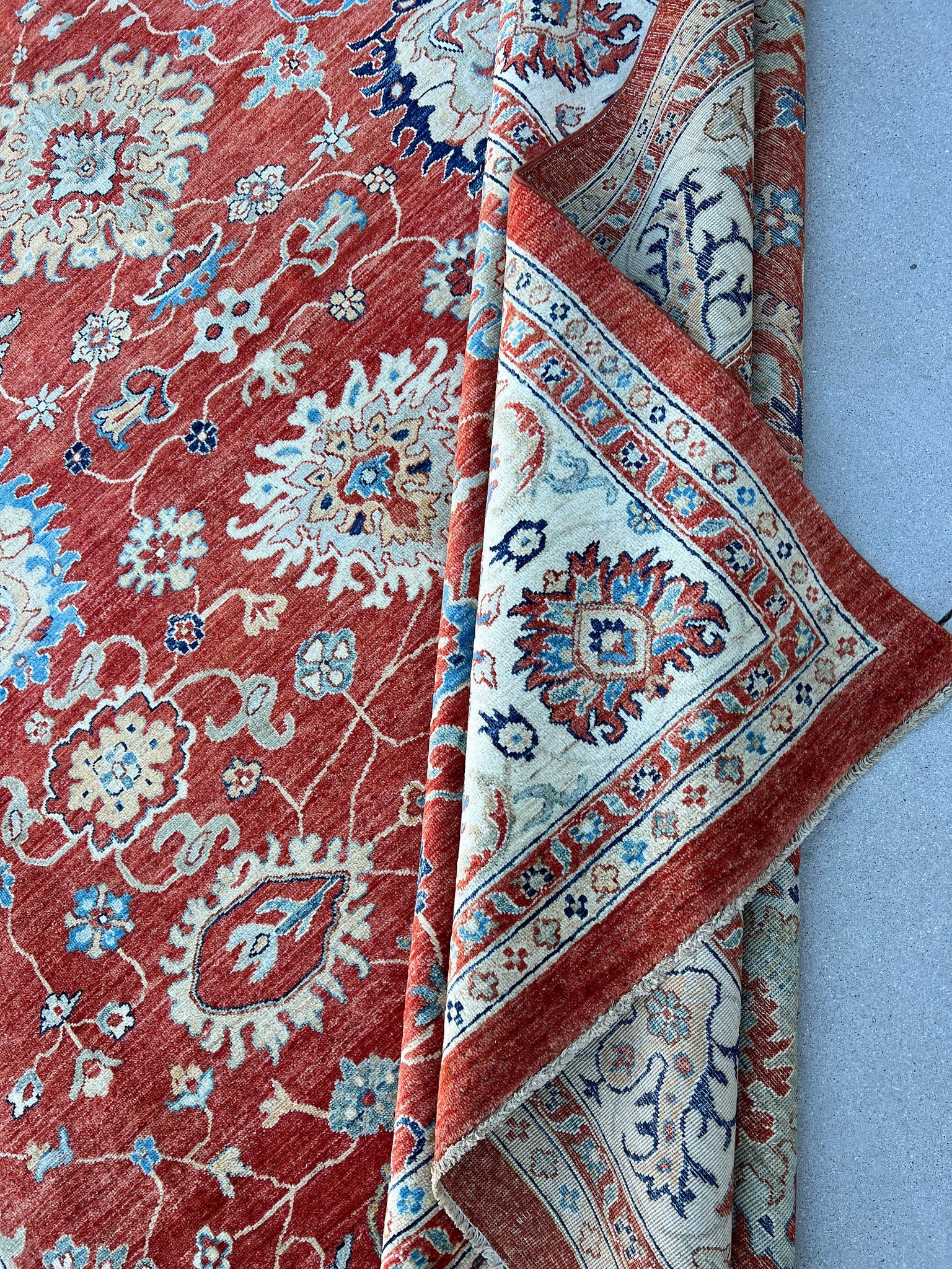 9x13 (275x395) Handmade Afghan Rug | Burnt Orange Beige Cream Blue Teal  Light Brown | Turkish Oushak Persian Heriz Wool Boho Hand Knotted