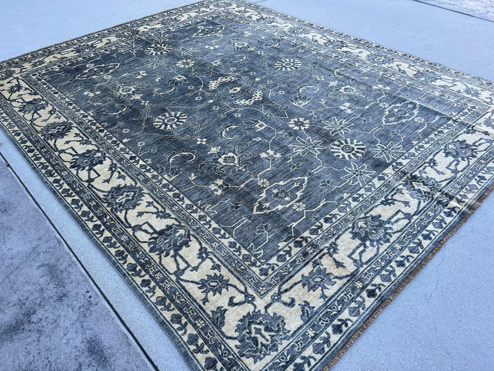 8x10 (245x305) Handmade Afghan Rug | Beige Ivory Cream Denim Blue | Turkish Oushak Tribal Boho Kazak Persian Serapi Heriz Wool Bohemian