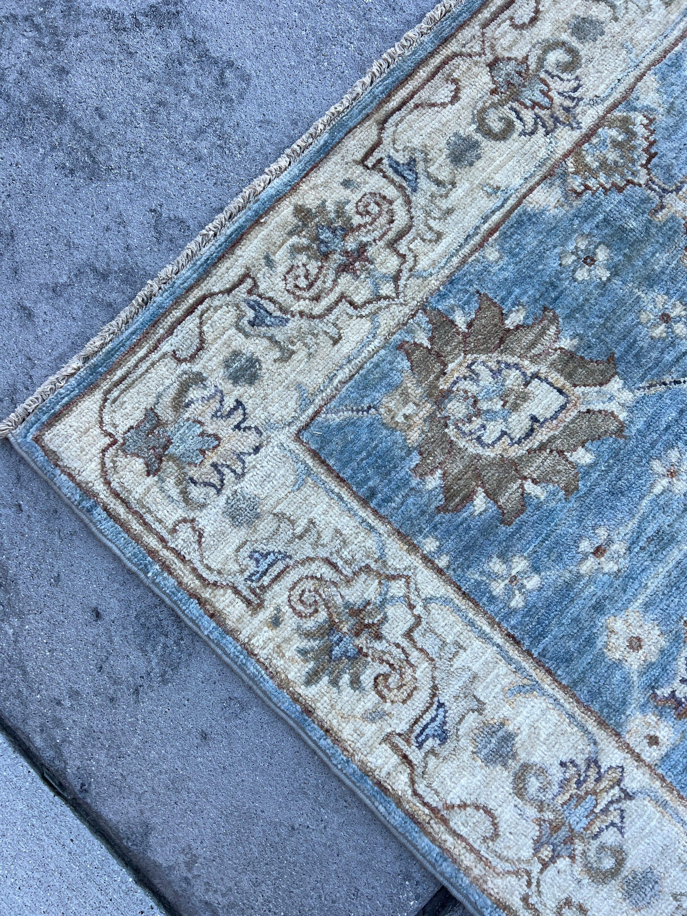 3x12 (90x365) Handmade Afghan Rug Runner | Beige Sky Blue Denim Blue Golden Brown Grey | Tribal Oriental Boho Wool Hand Knotted